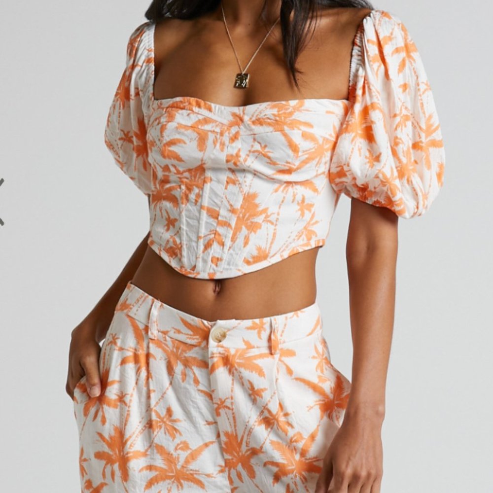 FAYELLA TOP - PUFF SLEEVE CORSET BODICE TOP IN ORANGE PALM